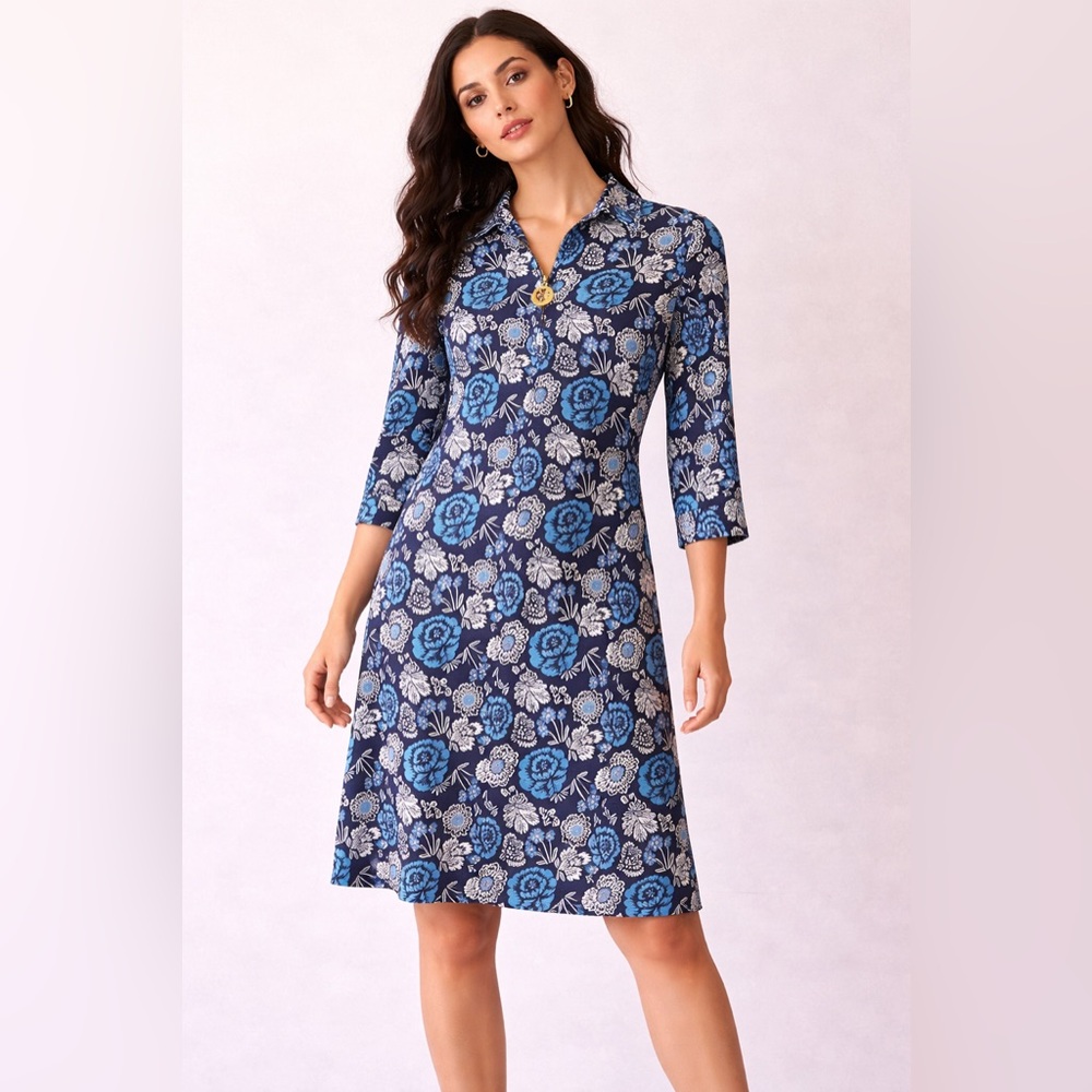 Tory Burch Silk Floral Dress XS Navy Blue Zip Tunic Shift Designer $475 Retail